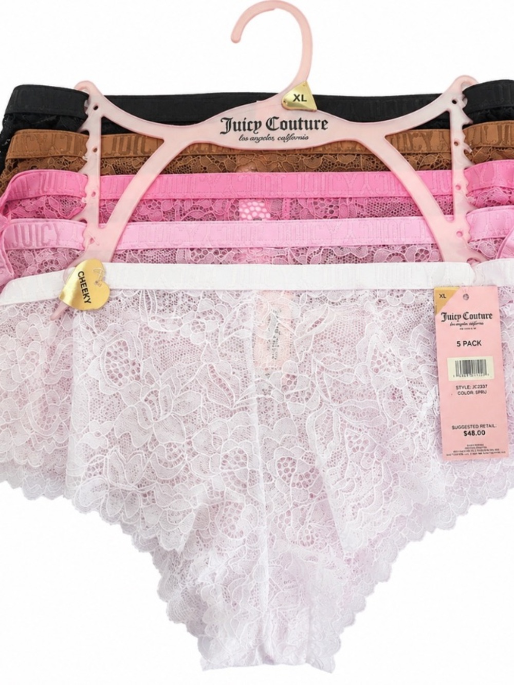NWT 5pc Juicy Couture Floral Lace Panty Collection - Pink, White, Tan Black